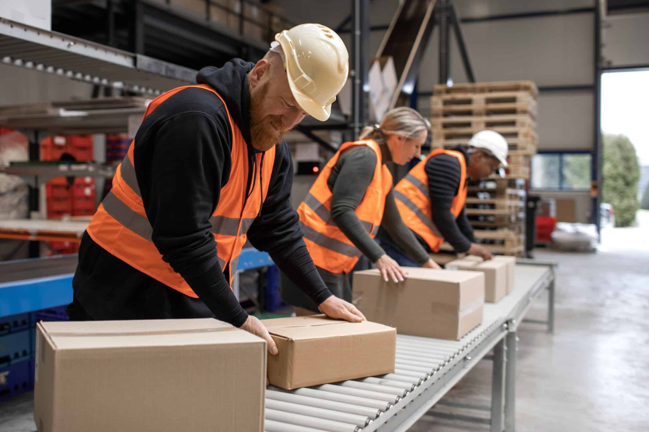 Three warehouse workers, a picker packer on a packing and delivery production line
